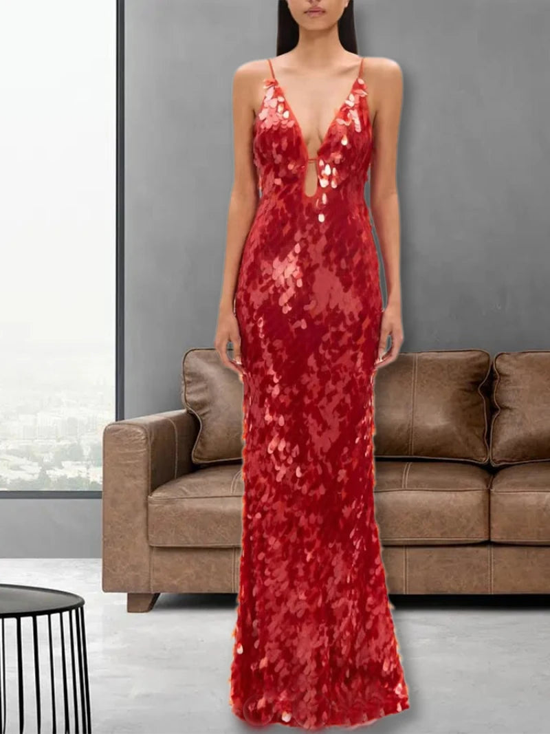 Sexy Women Maxi Dresses Elegant Sequins Sleeveless Female Long Dress Fashion  Solid Deep V Neck Ladies Party Robe Dress