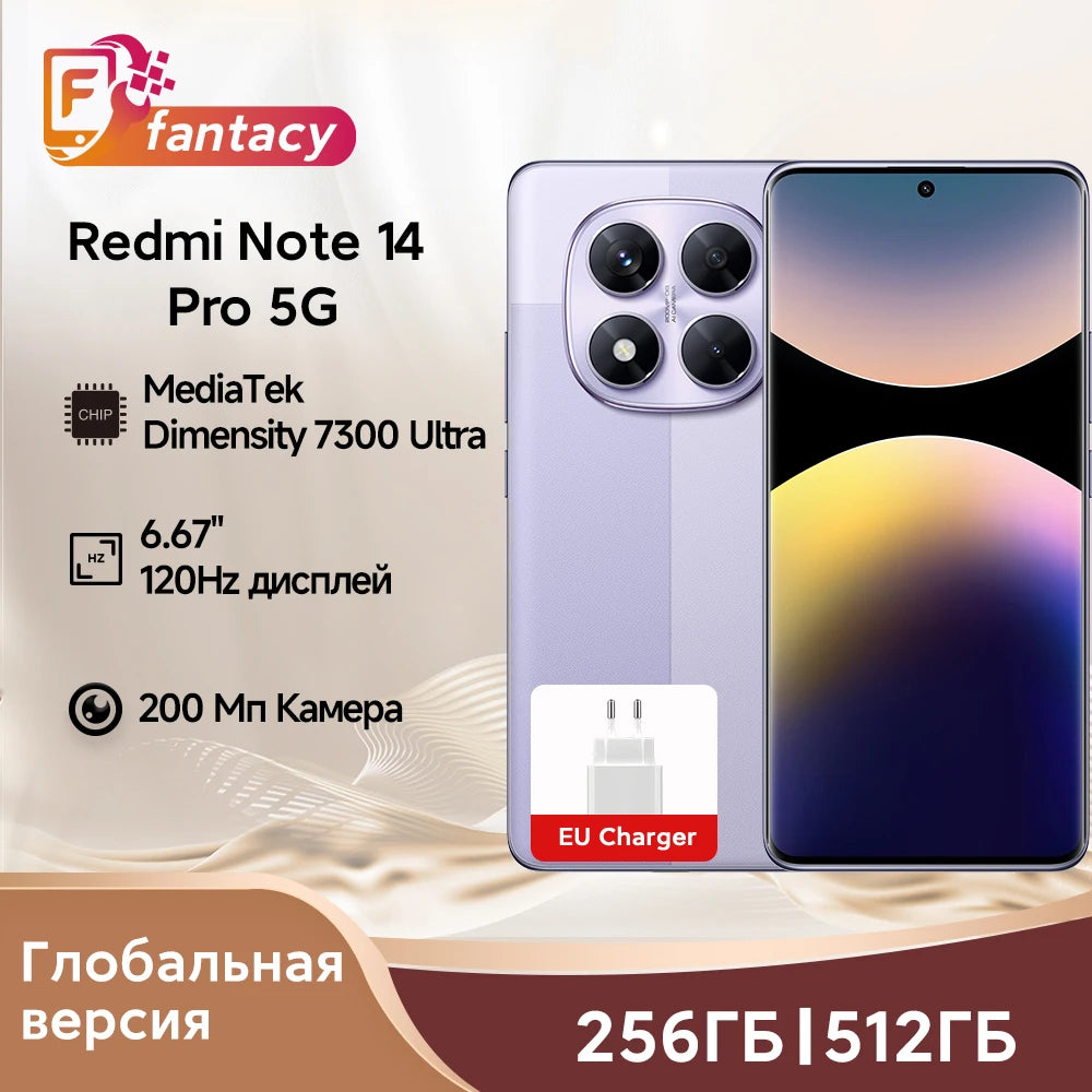 Global Version Redmi Note 14 Pro 5G Smartphone Dimensity 7300 Ultra NFC 200MP Camera 1.5K 120Hz AMOLED Display 45W Turbo Charge