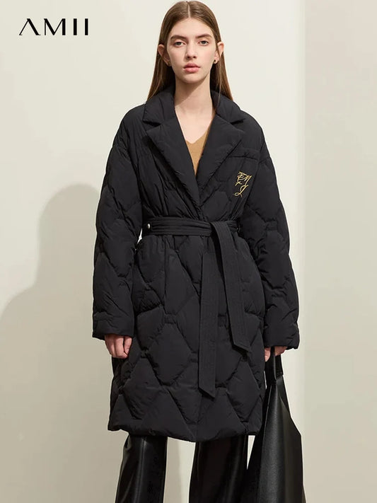 AMII Minimalism Down Jacket For Women 2025 New Blazer Collar Winter Lightweight Thermal Belt Diamond Solid Coat Female 12344061