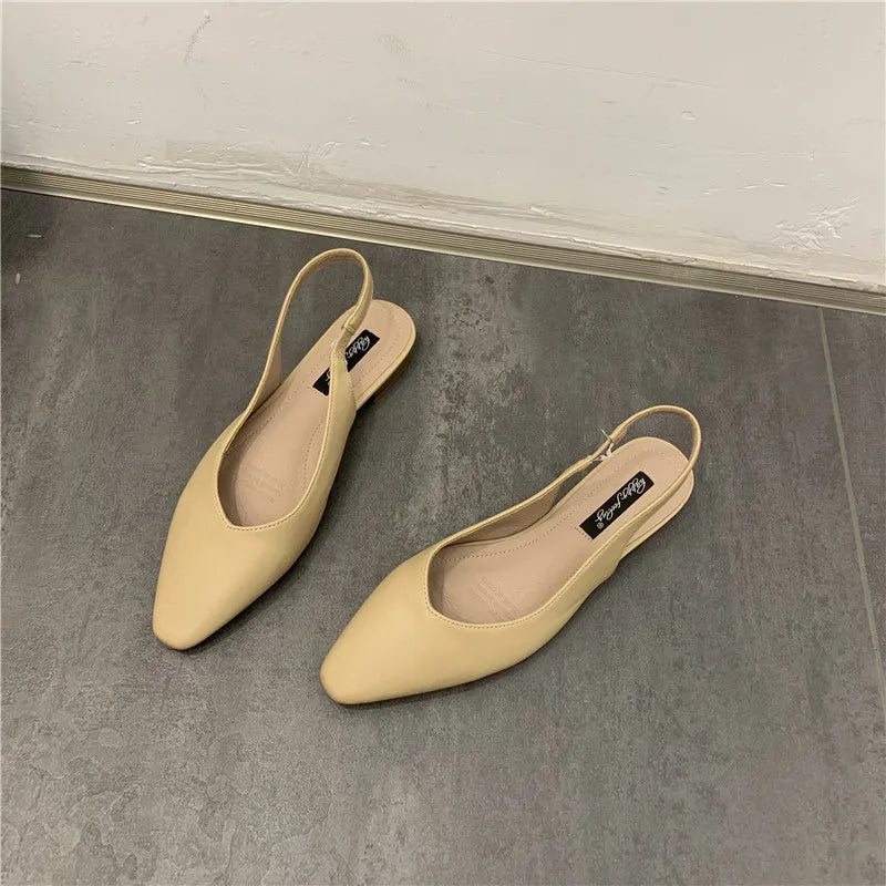 Elegant Slingback Flat Sandals Women Solid Leather Pointed Toe Shoes Summer Ladies Rear Strap Sandalias Low Heel Mary Janes 2025