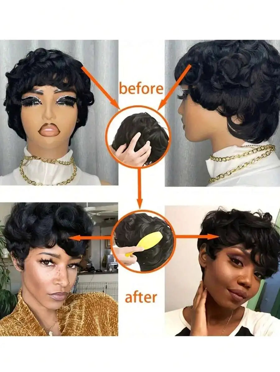 Pixie Cut Wigs 100% Human Hair Wigs Short Curly Pixie Cut Wigs Full Machine Made Wig Pixie Curly Black 1B Color For Black Women