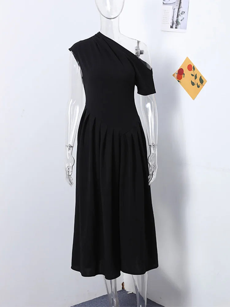 Summer Lady Patchwork Pleated Maxi Dress Chic Elegant Black Half-turtleneck Short Sleeve High Waist Dresses Office Street Robes
