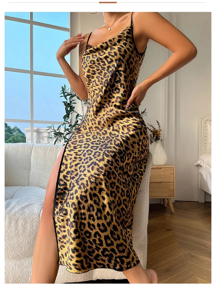 Fashion Backless Slit Ice Silk Camisole Skirt Nightgown Women's Summer Thin Breathable Imitation Silk Sexy Leopard Print Pajamas