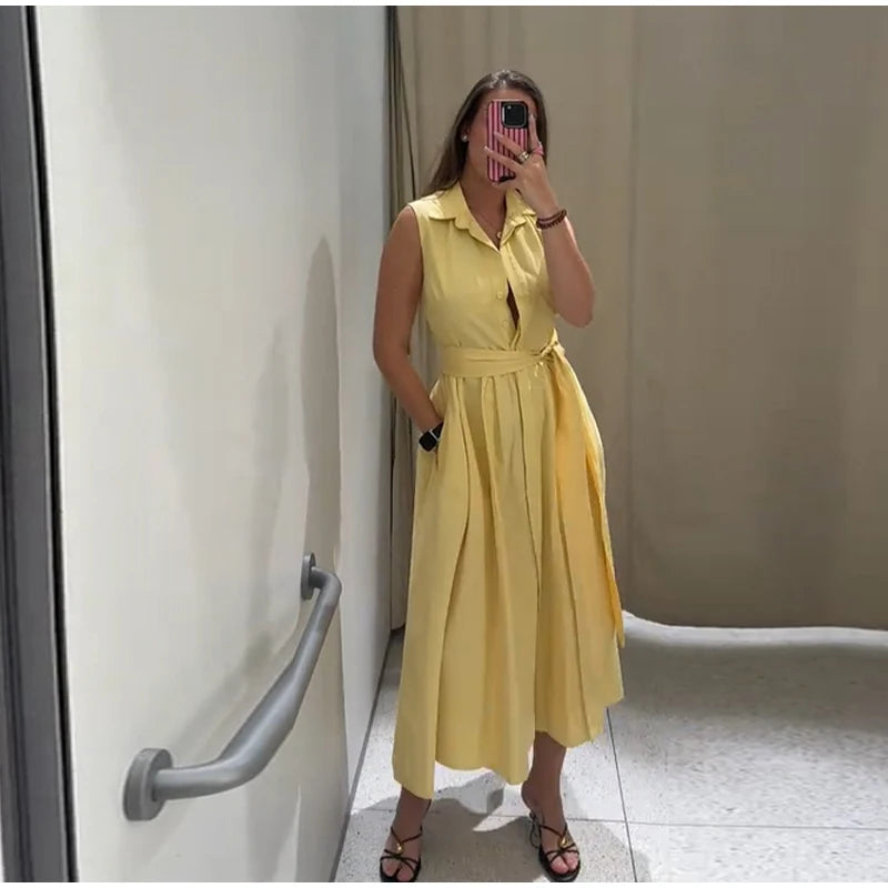 Elegant Single Breasted Khaki Long Dress Women Lapel Short Sleeve Pleat Slim Waist A-line Dresses 2025 Summer Autumn Lady Robes