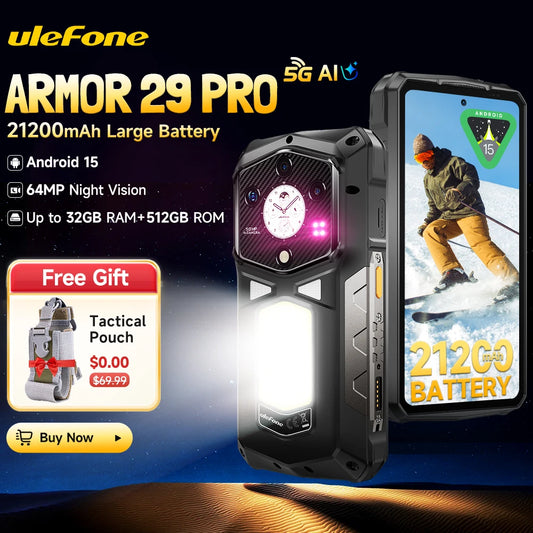 Ulefone Armor 29 Pro 5G AI Rugged Phone 21200mAh 120W 64MP Night Vision 6.67" 120Hz 512GB ROM Mobile MTK Dimensity 7400