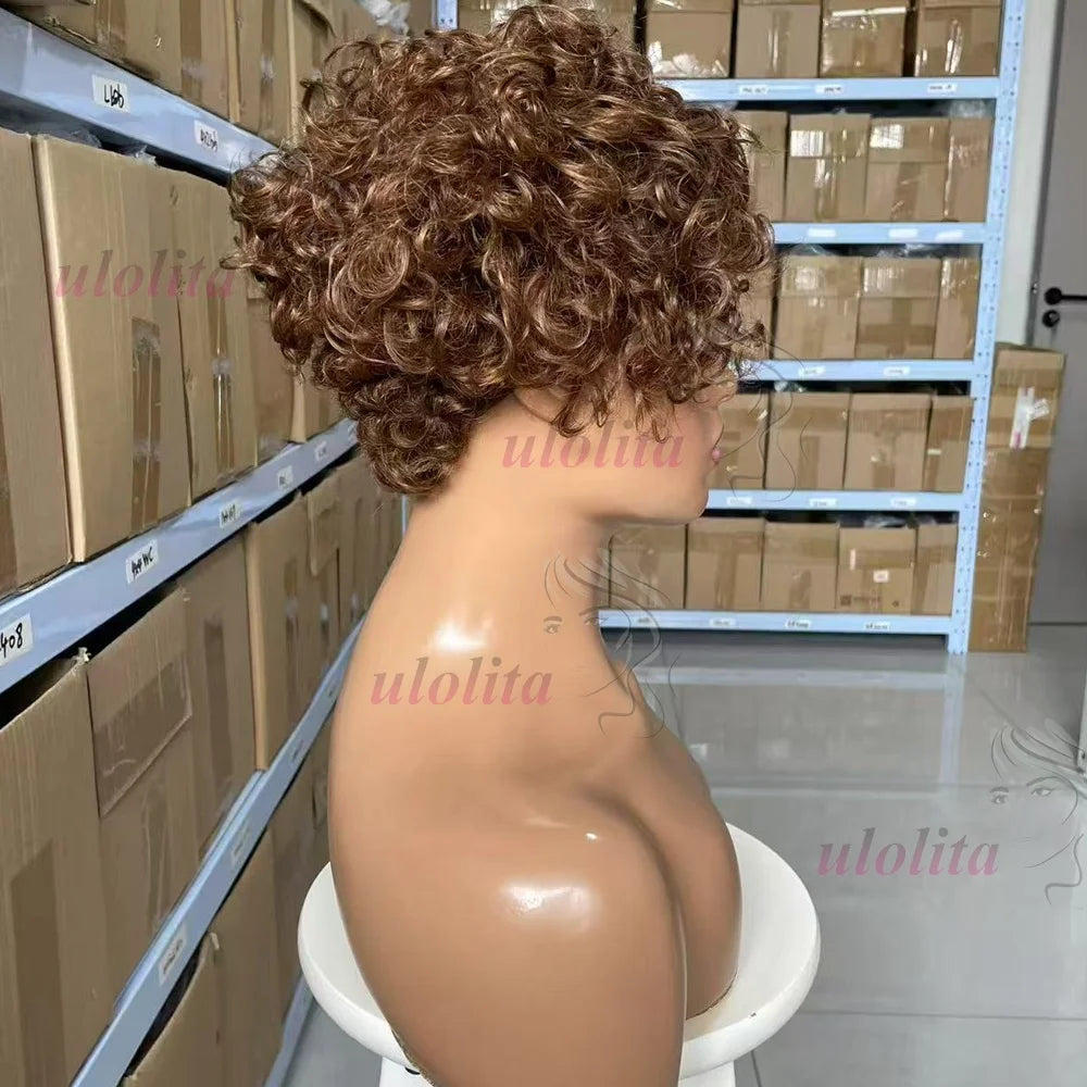 Chocolate brownMachine Made Wig Indian Human Hair Pixie Cut Wig Short Kinky Curly Loose Curly Non Lace Wigs with Bangs for Women