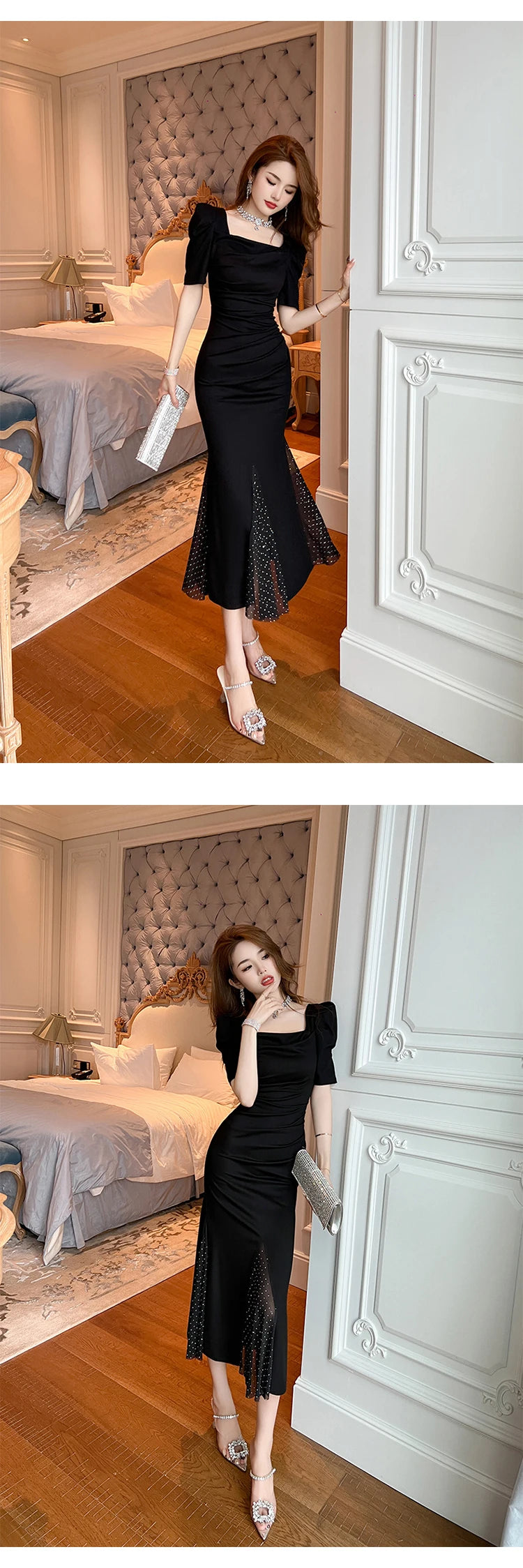 Women‘s Fashion French Retro Maxi Dress Woman Elegant Black Skinny Fishtail Robe Evening Party Vestidos Prom Banquet Gown Female