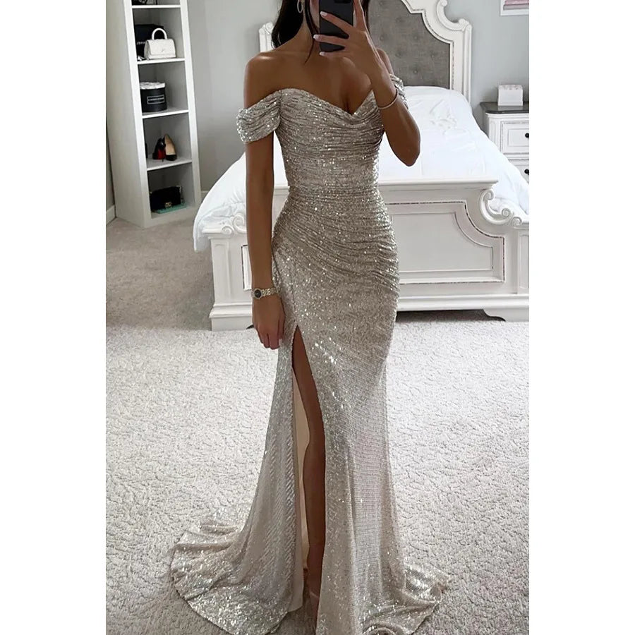Women's Sexy Party Maxi Dress New Sequined One-line Collar Slit Dress Casual Fashion Prom Eveging Dresses For Women Robe Femme