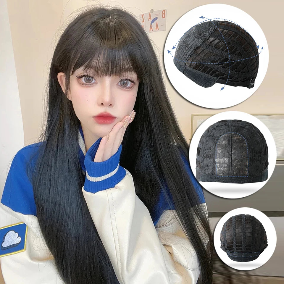 XIYUE Long Straight Black Wig With Bang Synthetic Wigs for Women Heat Resistant Natural Hair for Daily Halloween Cosplay Party