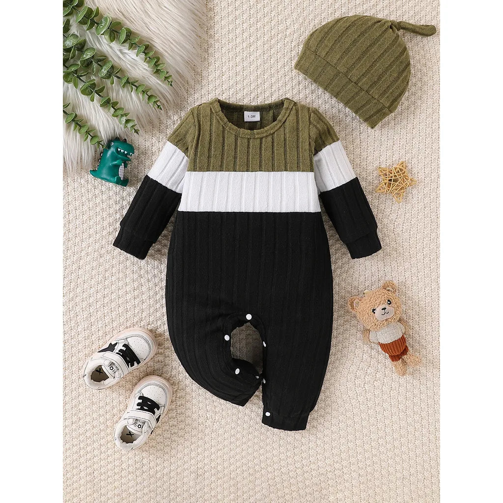 3 Colours Autumn Bodysuits Newborn Baby Boy Long Sleeve Colour Block Romper+Hat Simple Onesie Jumpsuit for Toddlers 1-18Months