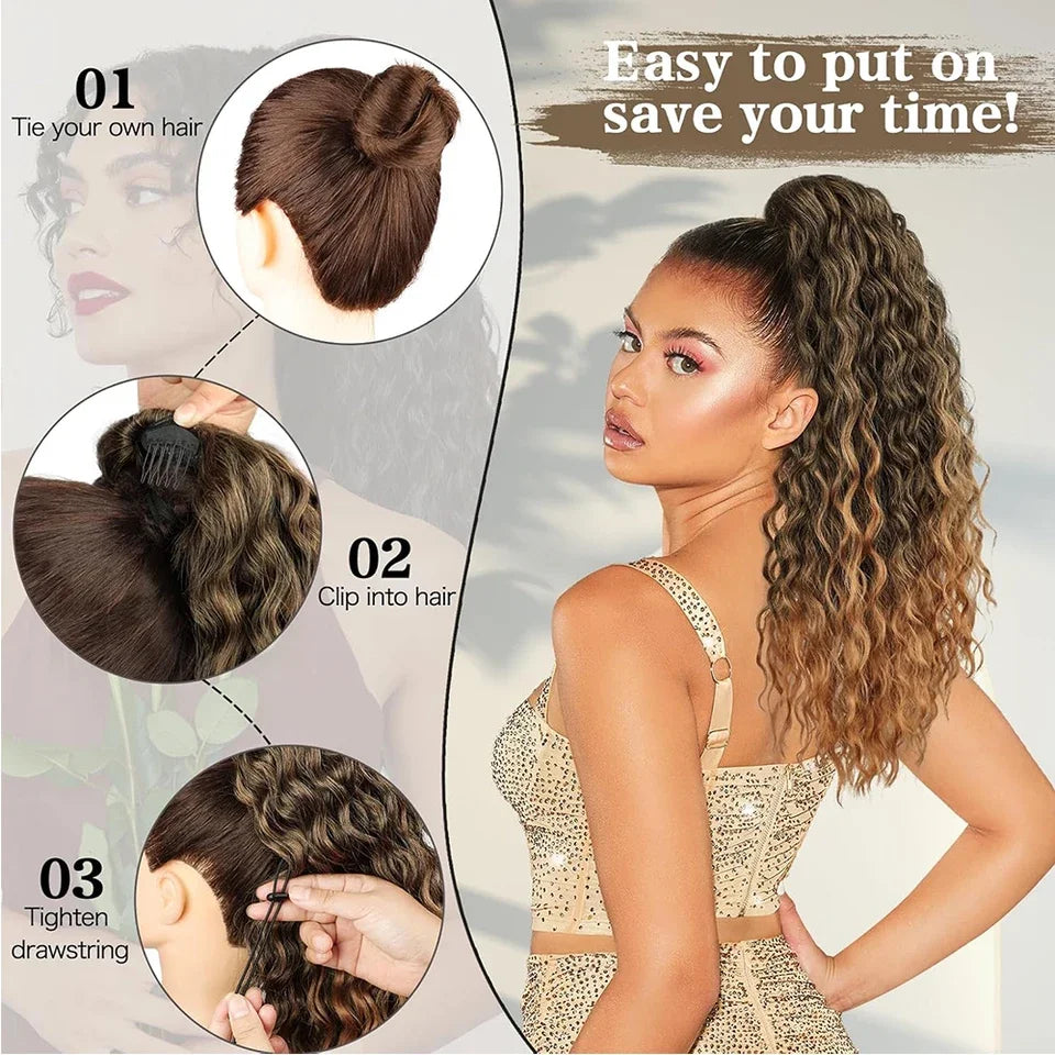 Curly Ponytail Extension Synthetic Drawstring Ponytail for Women 16Inch Long Curly Wavy Clip in Hairpiece for Daily Party