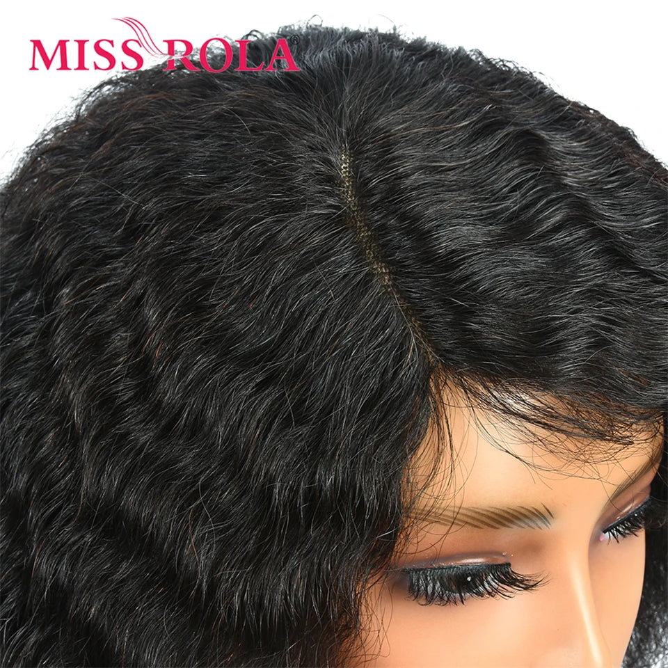 Miss Rola Brazilian 4X1 Lace Part Human Hair Wigs Right Side Part Water Wave Wig With Bangs Remy Lace Wig 180% Density