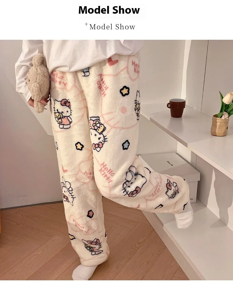 HelloKitty Warm Coral Velvet Sleepers Women's Flannel and Velvet Thick Pants Sleepwear Plush Large Home Pants