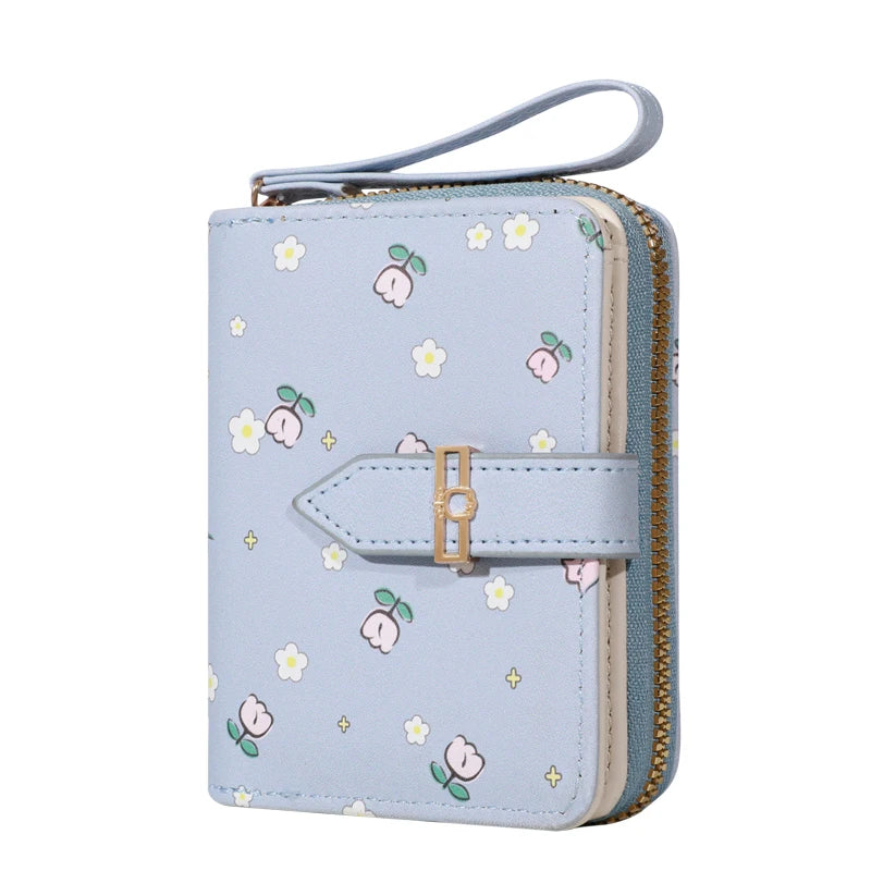 Flower patterned credit card holder for women or men's small card case with zipper hand-held wallet
