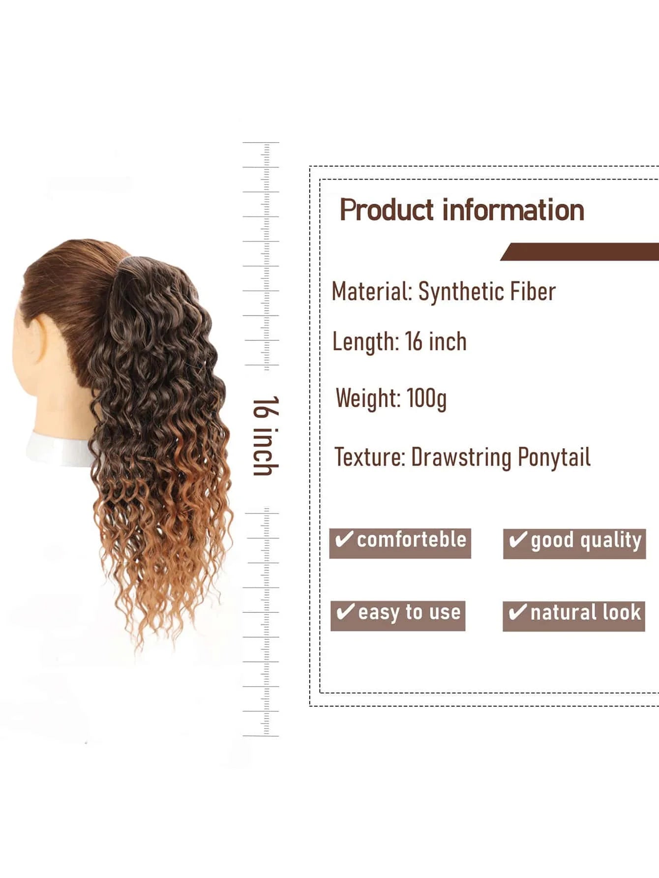 Curly Ponytail Extension Synthetic Drawstring Ponytail for Women 16Inch Long Curly Wavy Clip in Hairpiece for Daily Party