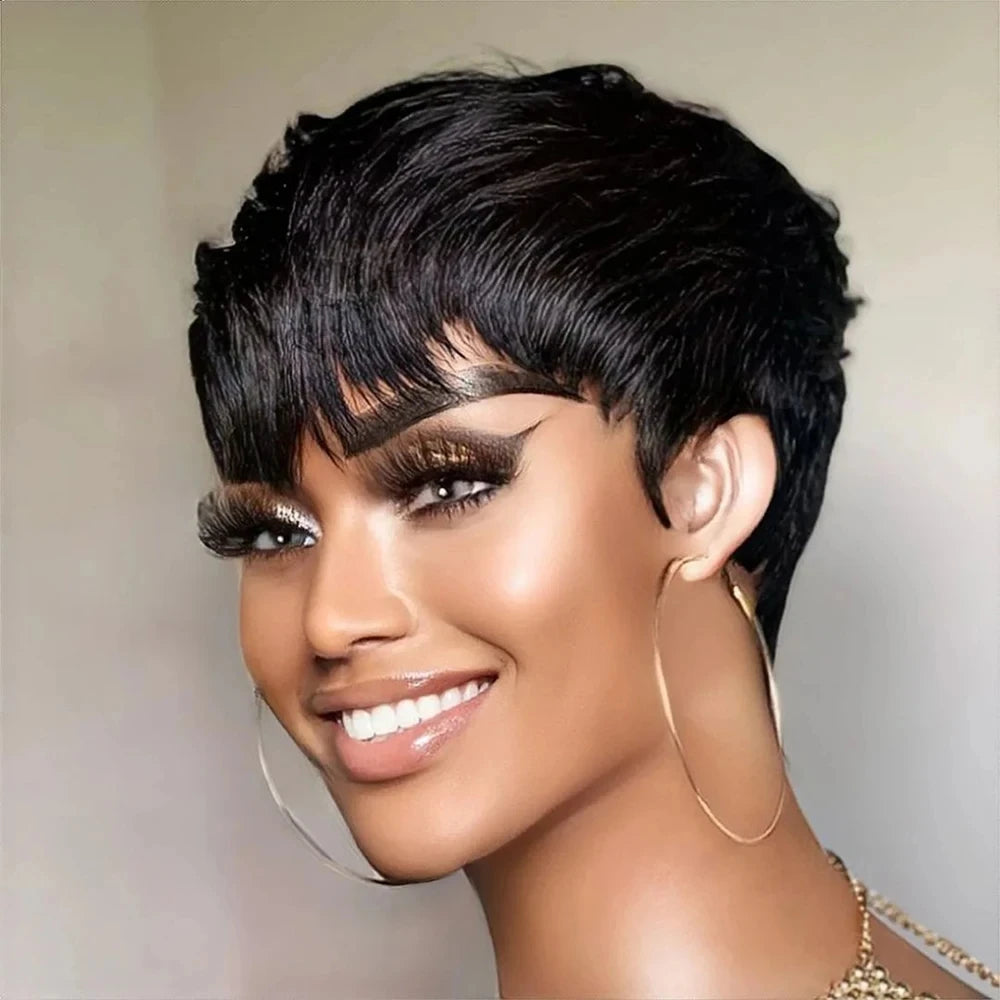 Short Pixie Cut Straight Human Hair Wig Remy Hair Human Hair Pixie Cut Wigs With Bangs Bob Wig Full Machine Made Wig Bob Wig