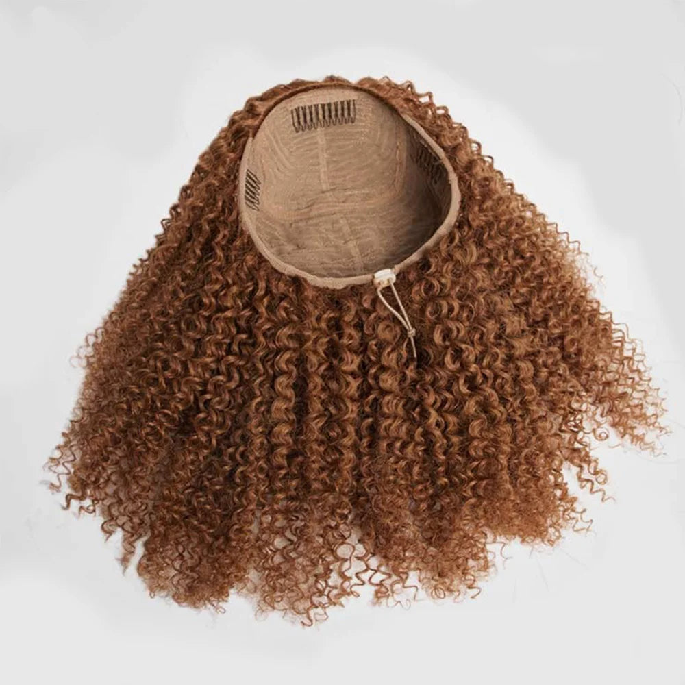 Auburn Brown Color 3 IN 1 Kinky Curly Half Wig Human Hair Clip-in Upgrade Glueless Wig Machine Made Invisible Hairline