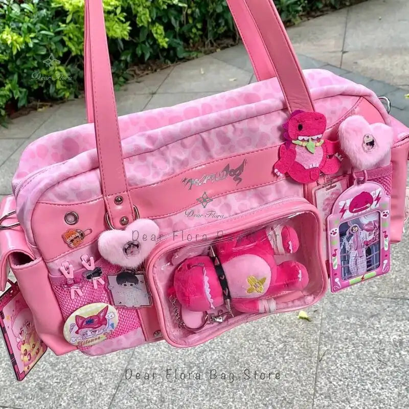 New Y2k Leopard Ita Shoulder Bag Lolita Girls Transparent Tote Bag Womens Large Capacity Crossbody Bag Cute DIY Display Handbags