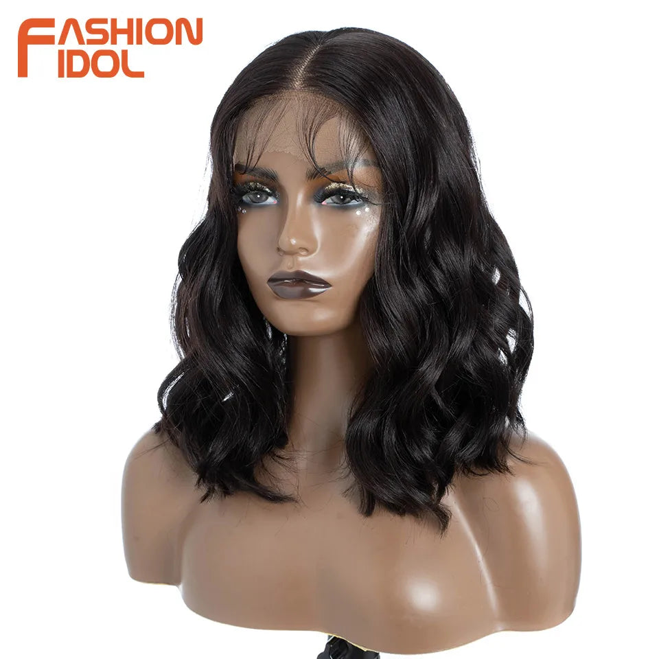 FASHION IDOL 12 Inch Bob 13x7 HD Lace Front Synthetic Wigs For Black Women Ombre Blue Heat Resistant Short Body Wave Cosplay Wig