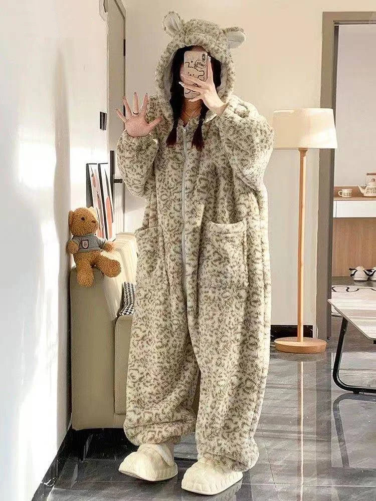 Leopard Hooded Pajamas Animal Kigurumi Unicorn Adult Onesies for Women Winter Sleepwear Flannel Pochets Overall Sets Slippers