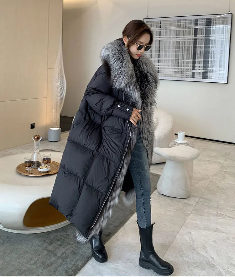 New Winter Coat Women Goose Down Jacket Long Thick Warm Oversized Real Fox Fur Collar Luxury Fashion Outerwear Streetwear