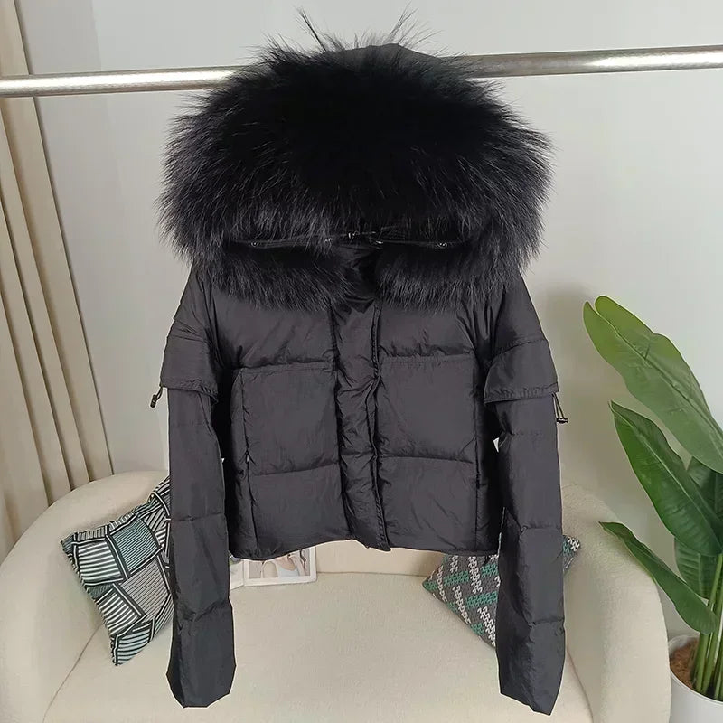 Outerwear Autumn Winter Women Hooded Fashionable Streetwear Detachable Sleeve Real Raccoon Fur Collar Jacket Duck Down Loose
