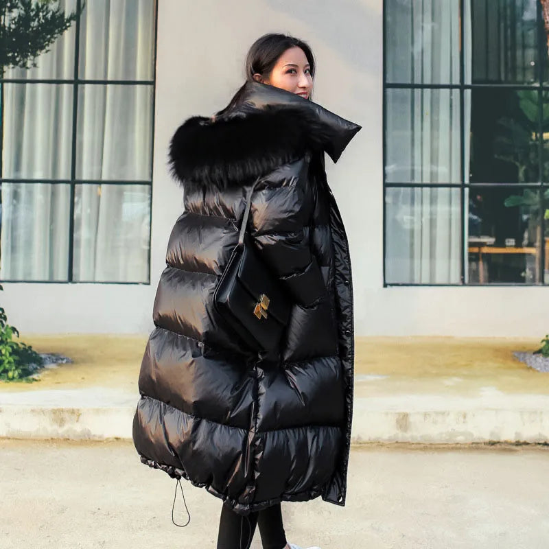 Maomaokong 2022 Women Winter Black Loose Long Down Jacket  Real Fox Fur Collar Hooded Fashion Waterproof Female Extra Large Coat