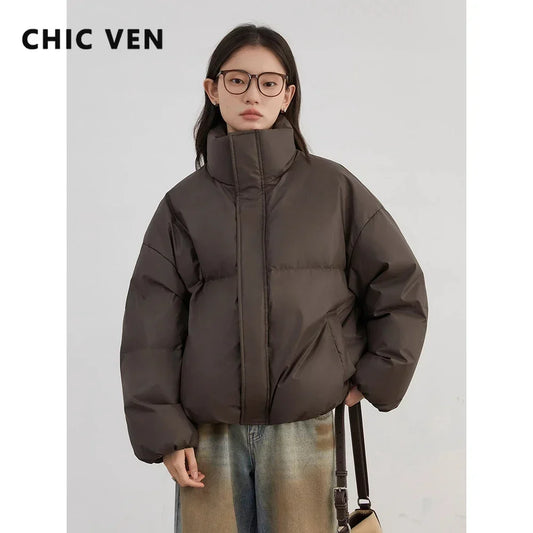 CHIC VEN Women Down Coats Solid Sports Casual Stand Collar PU 90 White Duck Down Ladies Down Jacket Autumn Winter 2025 Clothing