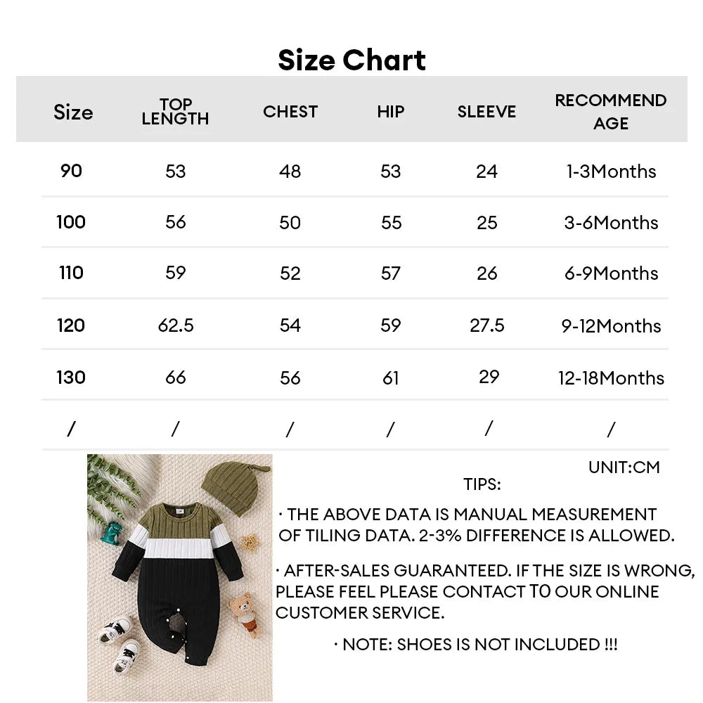 3 Colours Autumn Bodysuits Newborn Baby Boy Long Sleeve Colour Block Romper+Hat Simple Onesie Jumpsuit for Toddlers 1-18Months