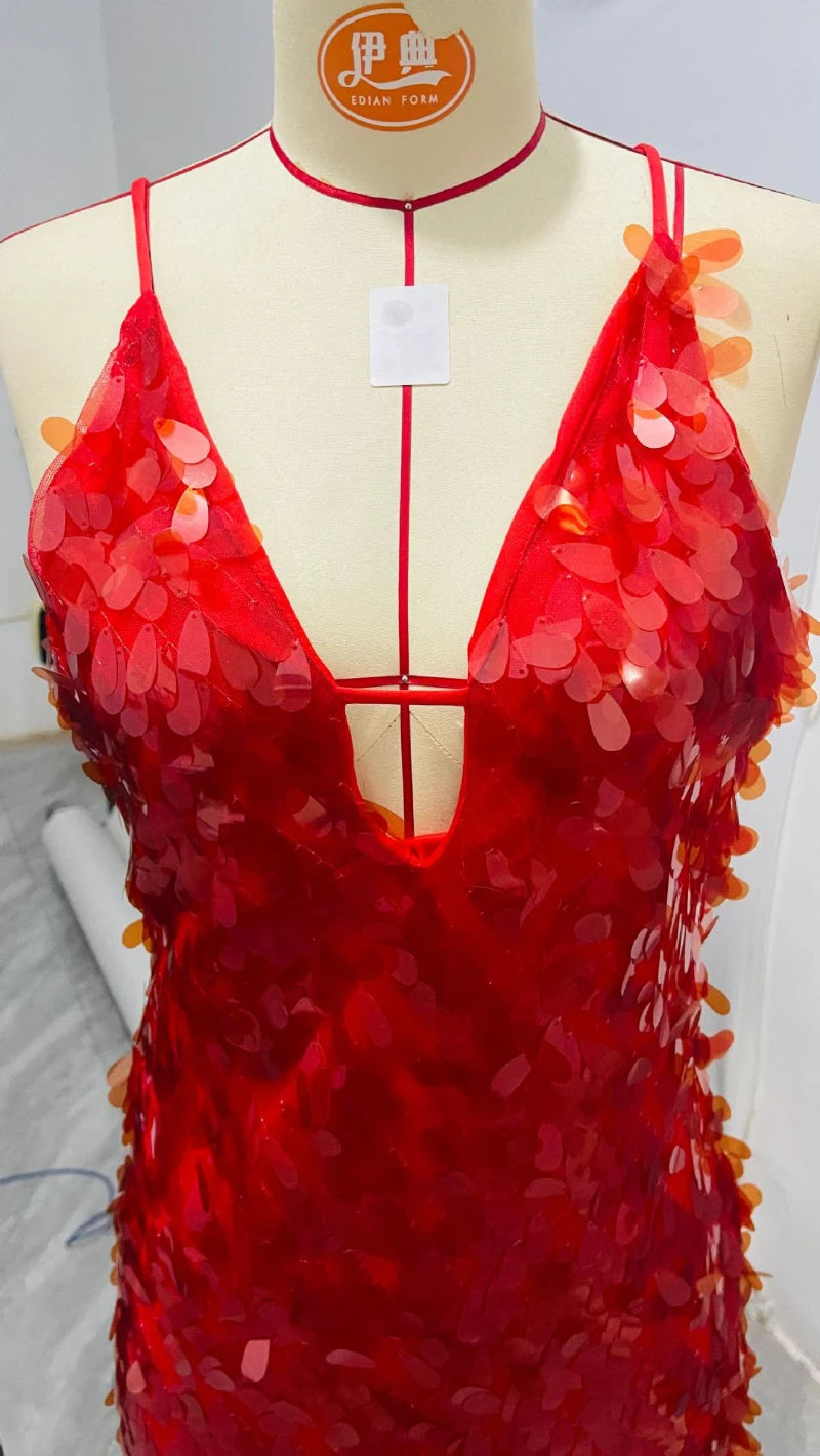 Sexy Women Maxi Dresses Elegant Sequins Sleeveless Female Long Dress Fashion  Solid Deep V Neck Ladies Party Robe Dress