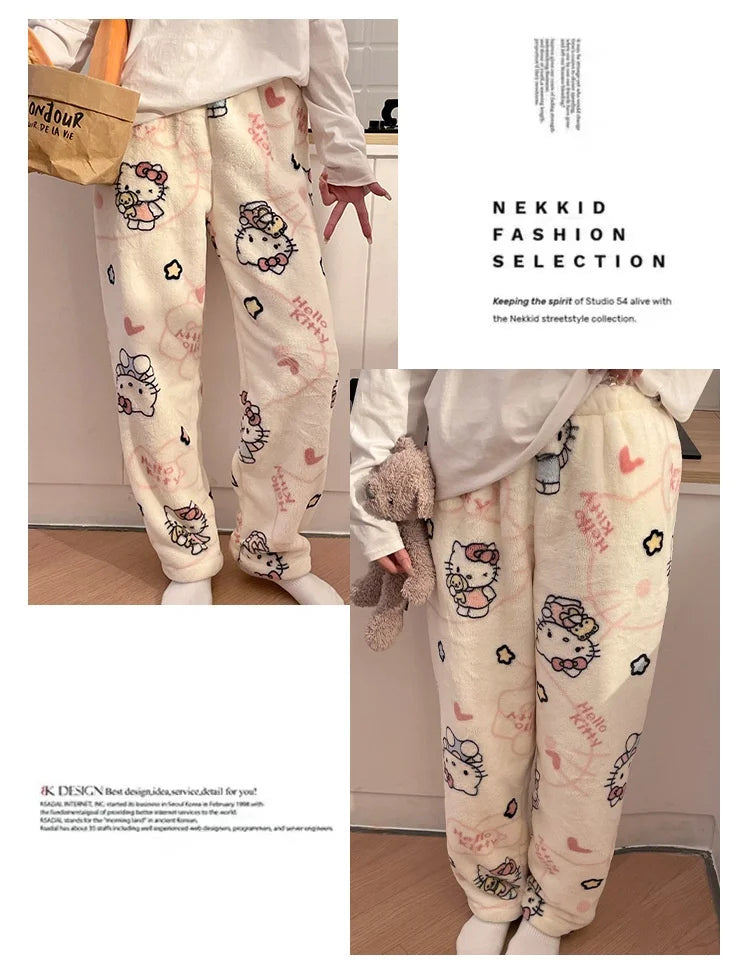 HelloKitty Warm Coral Velvet Sleepers Women's Flannel and Velvet Thick Pants Sleepwear Plush Large Home Pants