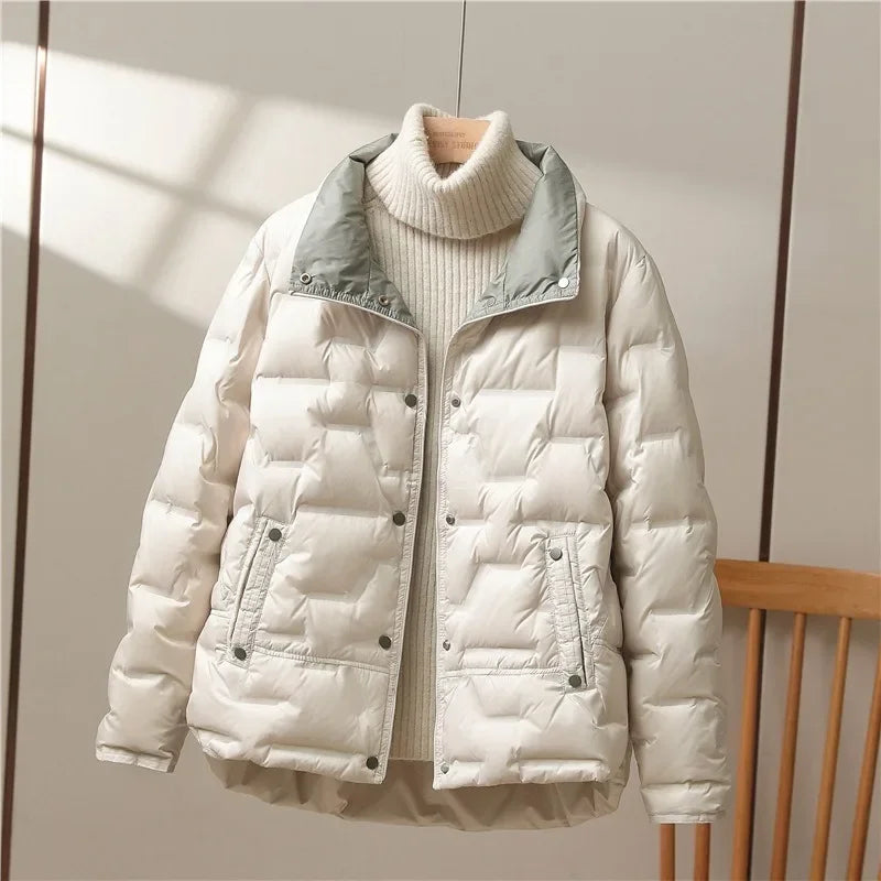 Casual Lapel Single Breasted Jacket Fashion Light Puffer Parka Outwear 2024 New Autumn Winter Women White Duck Down Coat