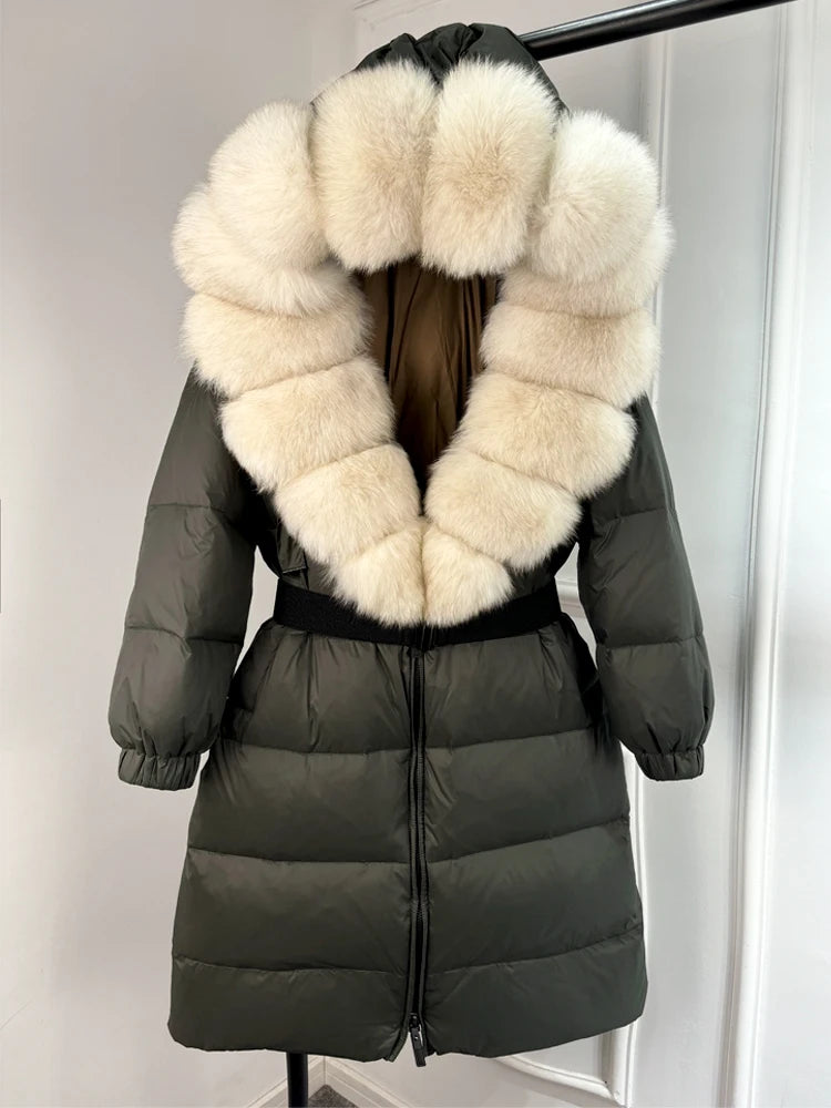 Lagabogy 2025 Winter Puffer Jacket Women Real Fox Fur Hooded Collar Thick Warm Long White Duck Down Coat Loose Luxury Outerwear