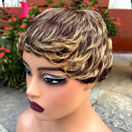 Short Full Machine Made Highlight Pixie Cut Wigs Human Hair Wigs  Colored Bob Wig Brazilian Remy Hair Wigs for Black Women