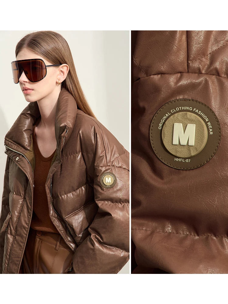 AMII Minimalist Women's Down Coat 2024 Winter Warm Thick Lapel Stand Collar Imitation Leather Duck Down Female Jacket 12444025