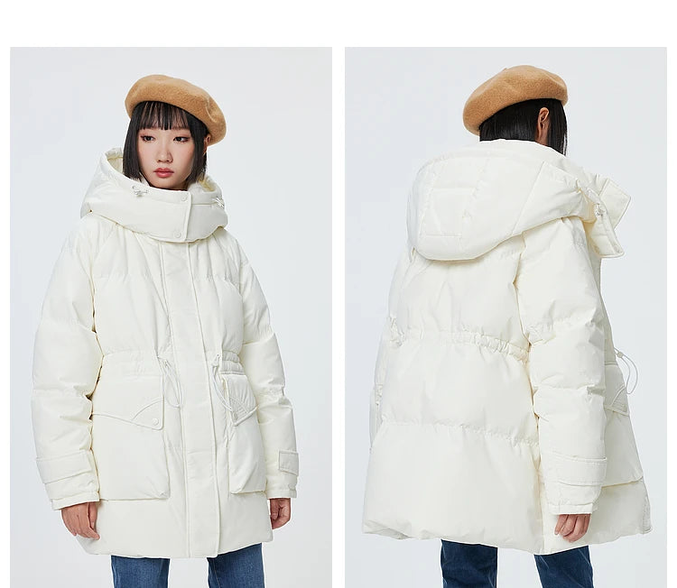 Metersbonwe Women's  Oversized Long Hooded Down Jacket Adjustable Pig Nose Buckle Waist Belt Utility Duck Down Parka Warm Winter