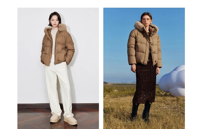 TOYOUTH Women Down Jacket 2024 Winter New 90% White Duck Down Fur Collar Hooded Warm Jacket Coat