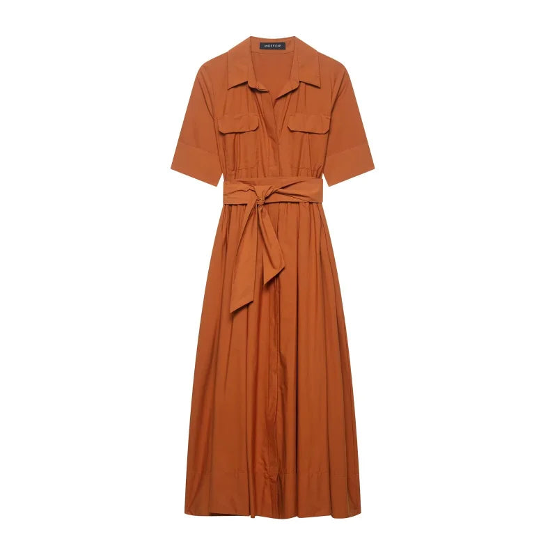 Elegant Single Breasted Khaki Long Dress Women Lapel Short Sleeve Pleat Slim Waist A-line Dresses 2025 Summer Autumn Lady Robes