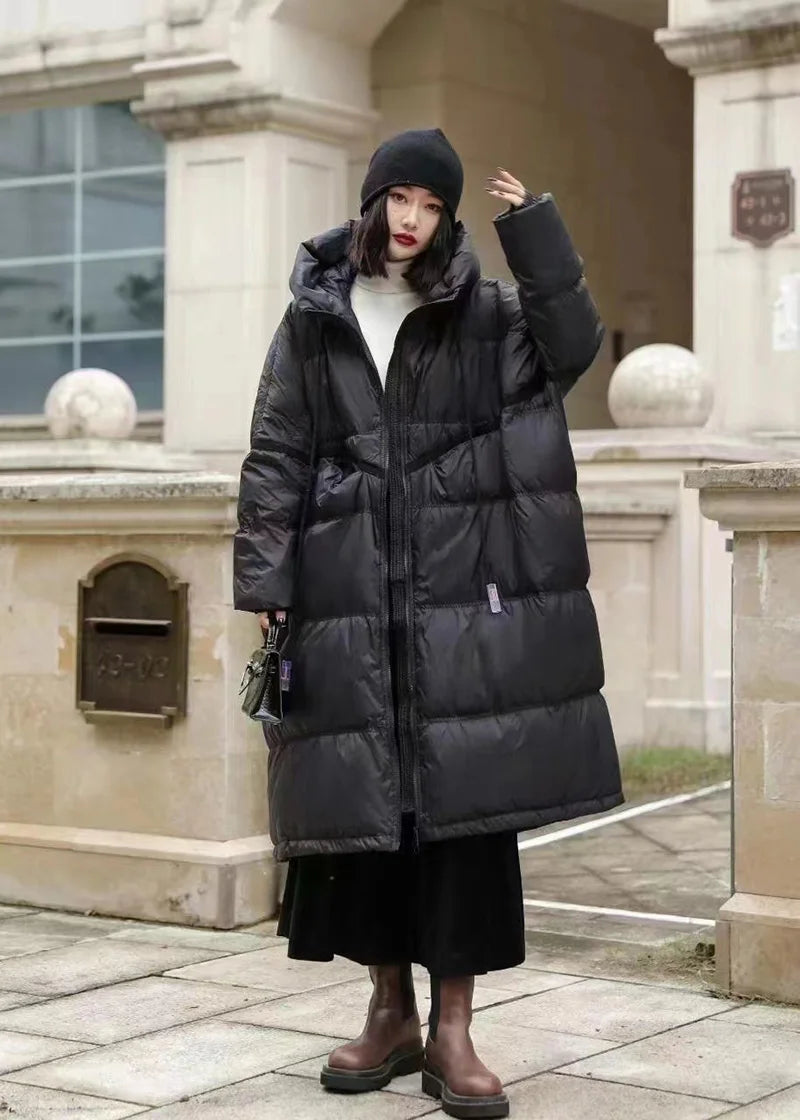 Schinteon Women White Duck Down Jacket with Hood Autumn Winter Warm Long Outwear Over Size Loose Coat 2025 New