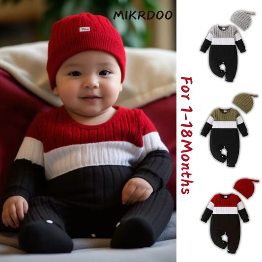 3 Colours Autumn Bodysuits Newborn Baby Boy Long Sleeve Colour Block Romper+Hat Simple Onesie Jumpsuit for Toddlers 1-18Months