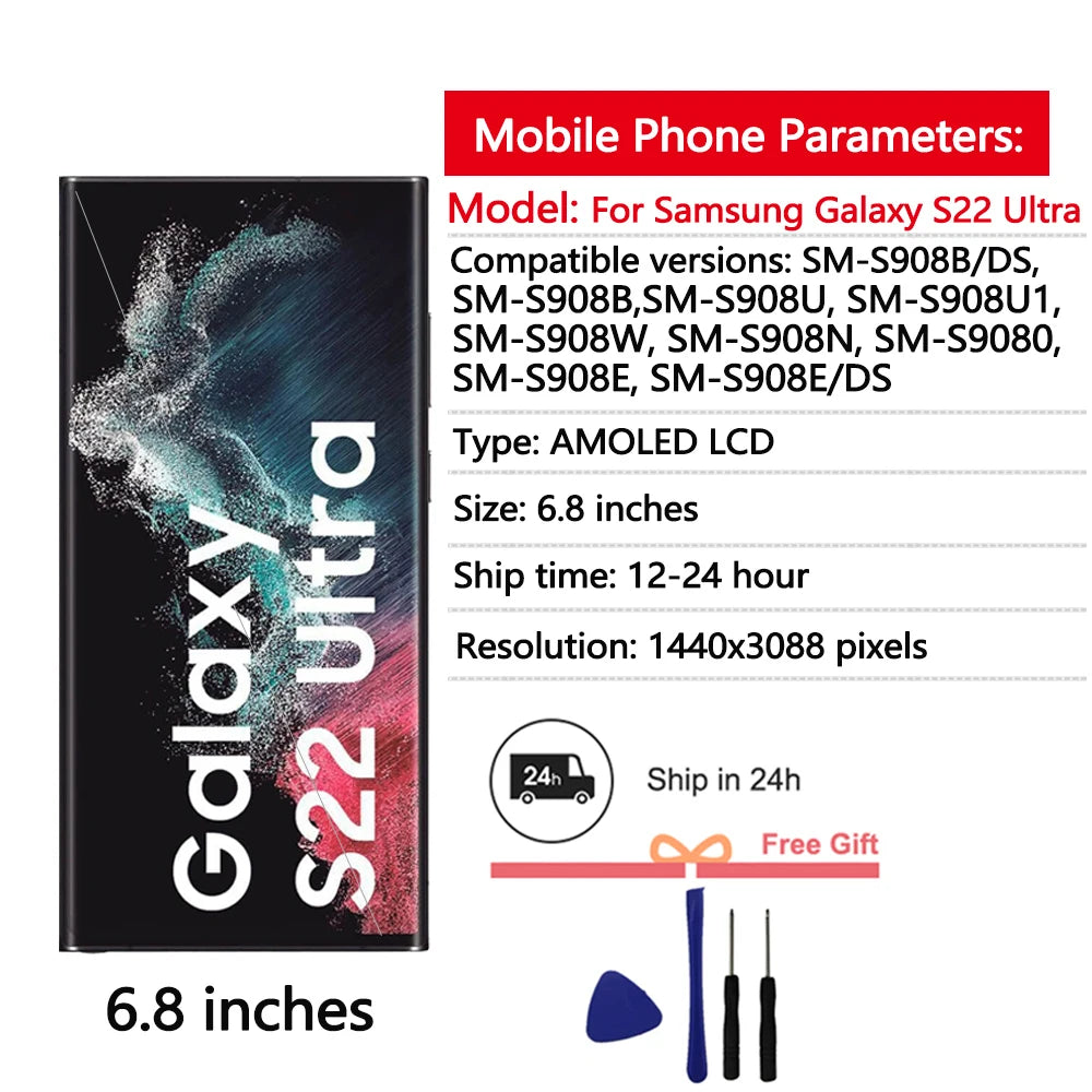 6.8"NEW AMOLED Display For Samsung Galaxy S22 Ultra 5G LCD Display Touch Screen Digitizer Assembly For Samsung S22 Ultra Display