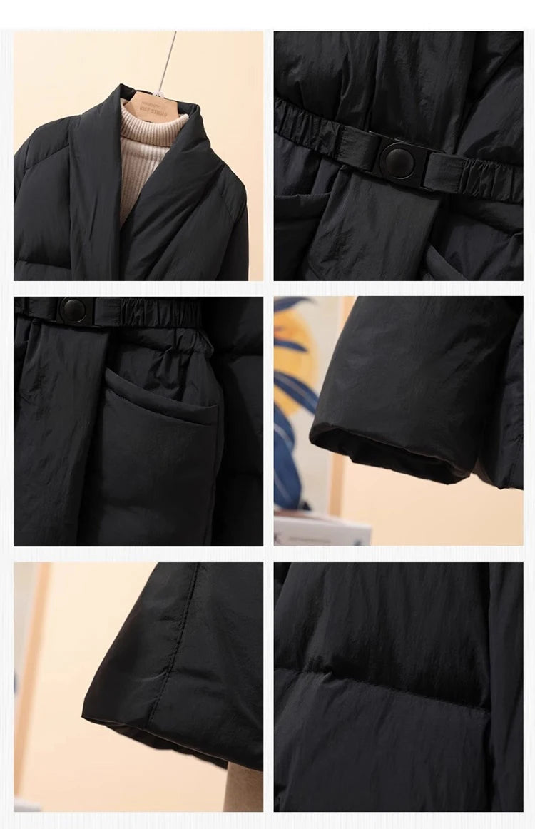 Schinteon Women White Duck Down Jacket Casual Loose Belt V-neck Collar Fashion Autumn Winter Outwear Korean Style Coat 2025 New