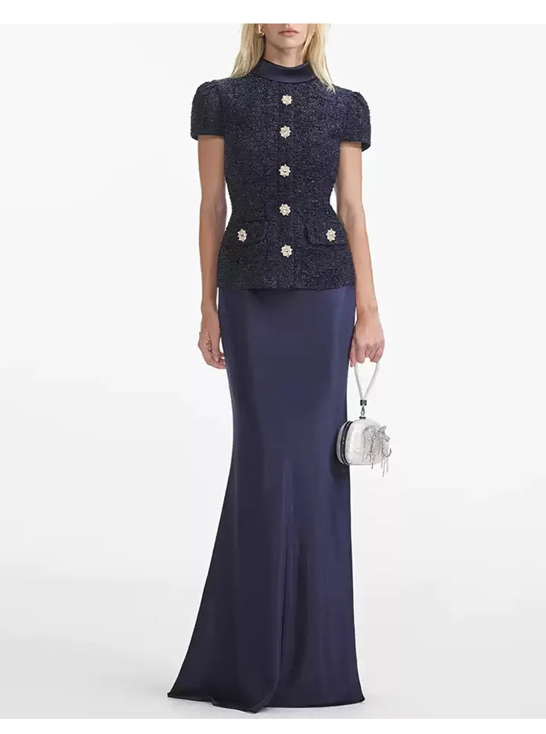 Maxi Formal Luxury Evening Dresses Women Summer Autumn Single Breasted Crystal Satin Tweed Long Dress Blue Party Dinner Vestidos