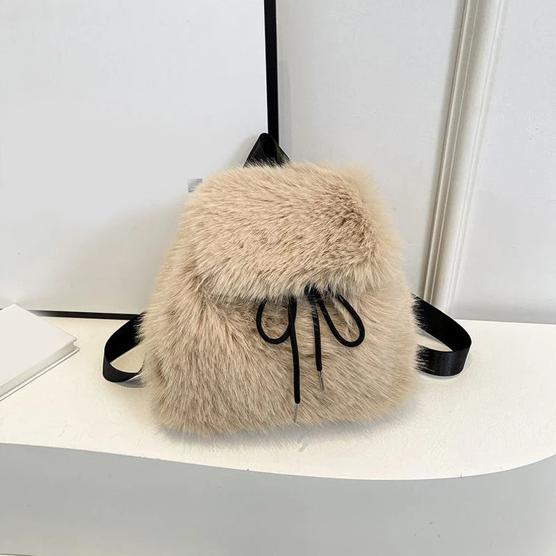 Winter Soft Plush Ladies Schoolbag Solid Color Female Furry Shoulder Bags Handbags Fashion Luxury Fake Fur Women's Backpack