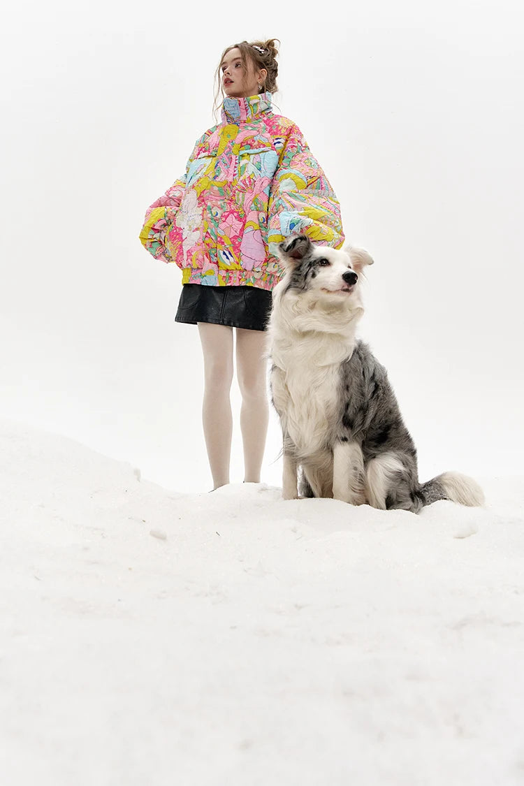 ELFSACK 2024 Winter New Arrivals Stand collar loose full printed short down jacket for women