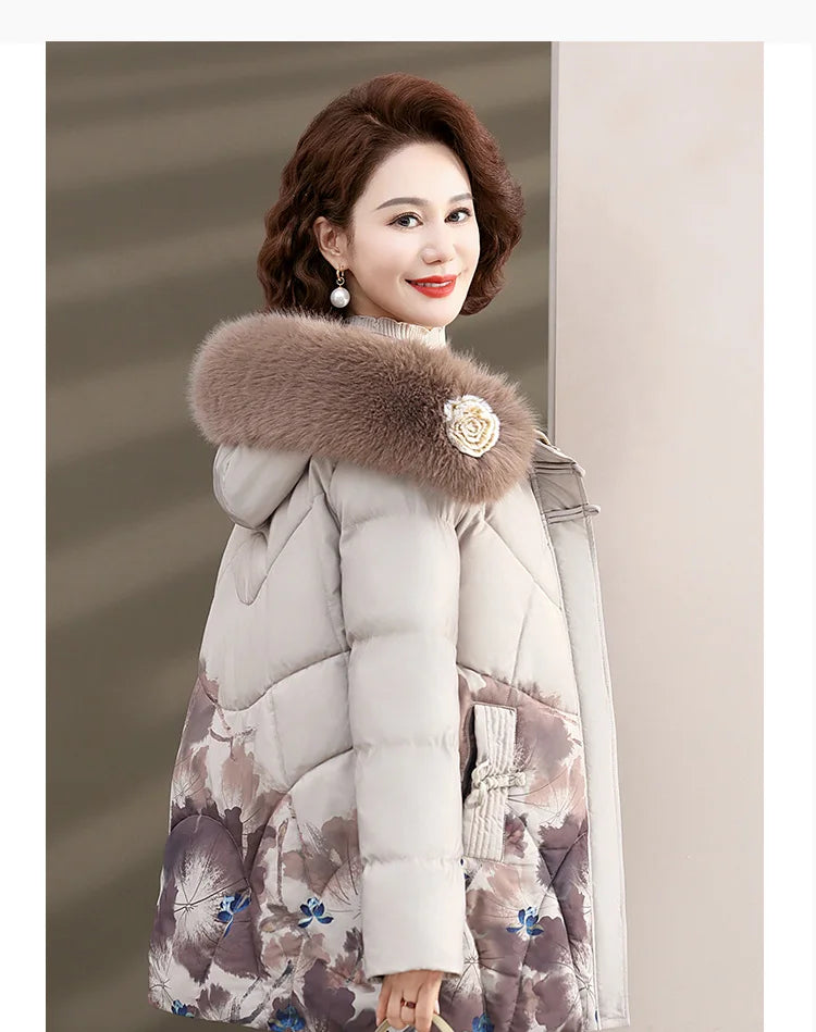 Women's Clothes Middle Aged Women Winter Jacket Long Warm Parkas Female printing Coat Thicken Cotton Padded Hooded Jacket