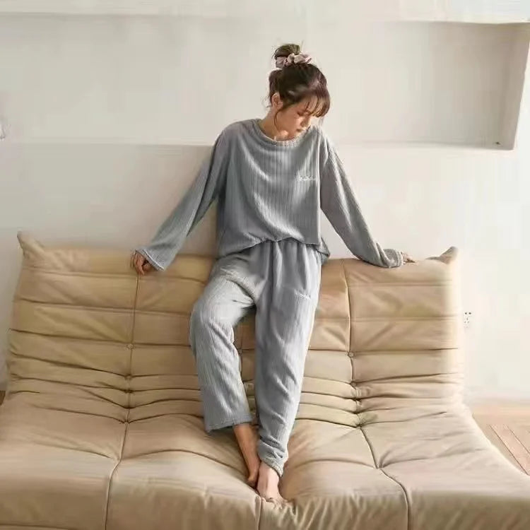 2022 Autumn Winter Warm Flannel Women Pyjamas Sets Thick Coral Velvet Long Sleeve Cartoon Sleepwear Thin Flannel Pajamas Set