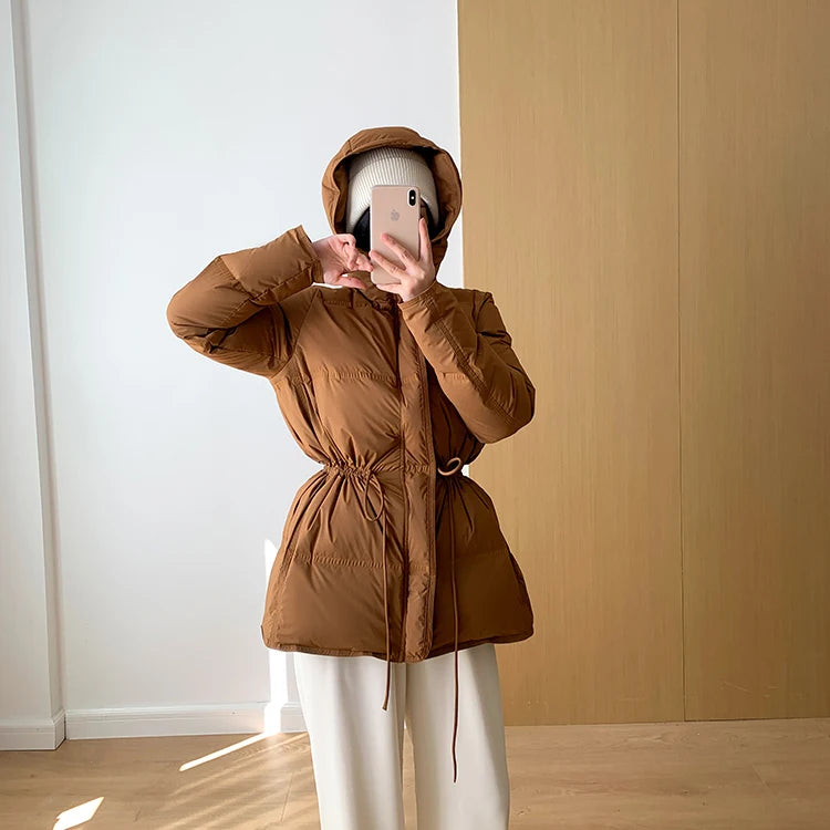 2023 New Autumn Winter Women Fashion Hooded 90% White Duck Down Coat Lady Slim Thick Warm Zipper Drawstring Lace-up Snow Jacket