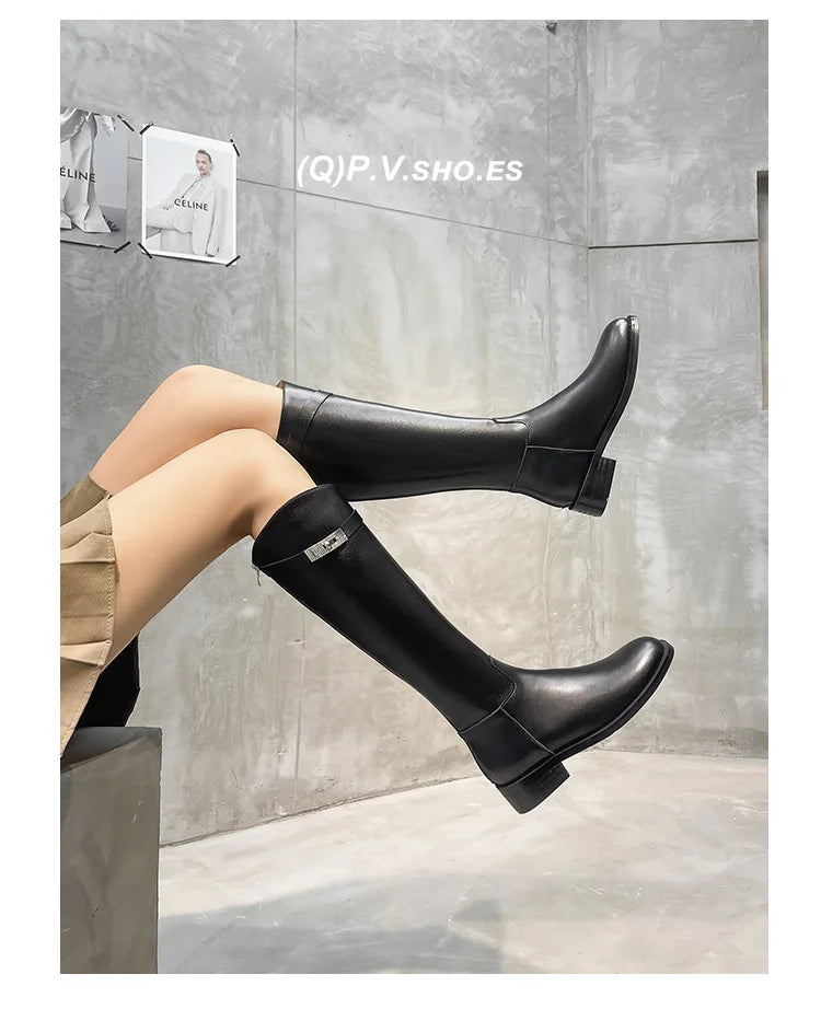 Genuine Leather Thick-Soled Autumn Winter New Style Chunky Heel Rhinestone Buckle High Tube Riding Over-The-Knee Long Boots