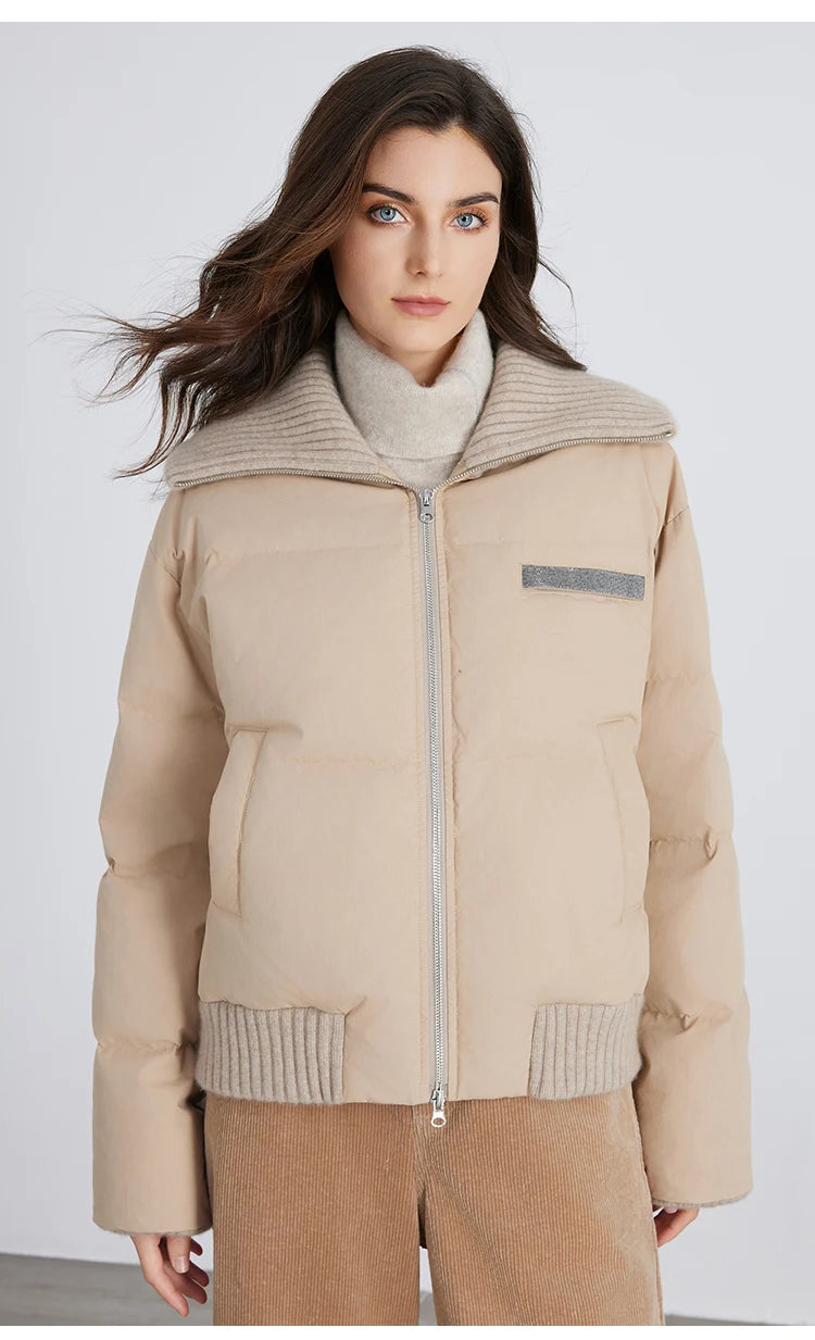 BC835 White goose down with large lapel warm zipper long-sleeved down jacket 100 cashmere warm coat